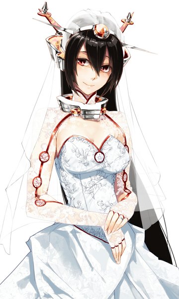 Anime picture 600x1000 with kantai collection nagato battleship ruuto (sorufu) single long hair tall image blush fringe breasts black hair smile standing brown eyes looking away cleavage alternate costume wedding girl dress hair ornament