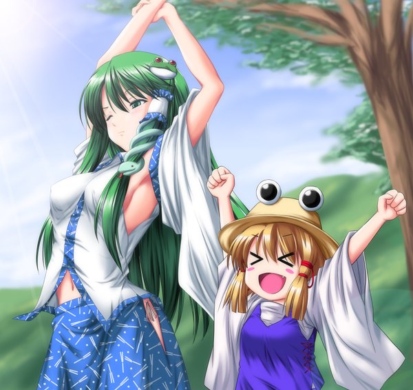 Anime picture 1880x1774 with touhou kochiya sanae moriya suwako nori tamago long hair highres short hair open mouth light erotic blonde hair multiple girls green eyes eyes closed one eye closed green hair wink arms up teeth armpit (armpits) fang (fangs)