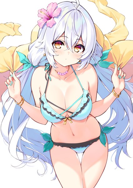 Anime-Bild 708x1000 mit cu-no rapua qive hisenkaede single long hair tall image looking at viewer fringe breasts light erotic hair between eyes large breasts standing twintails yellow eyes payot silver hair ahoge nail polish hair flower