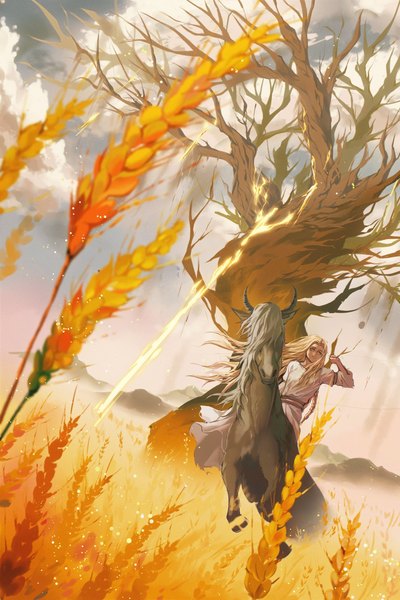 Anime picture 1300x1950 with elden ring miquella (elden ring) torrent (elden ring) yujia0412 long hair tall image blonde hair smile yellow eyes looking away sky cloud (clouds) outdoors horn (horns) riding boy plant (plants) animal tree (trees) horse