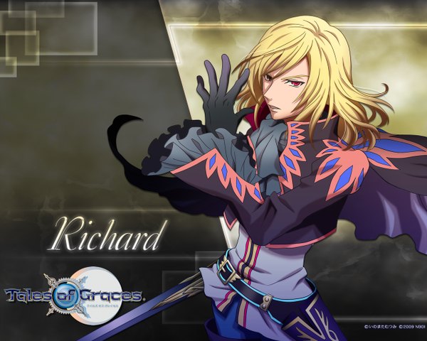 Anime picture 1280x1024 with tales of graces richard (tales) single long hair open mouth blonde hair red eyes inscription hieroglyph boy gloves weapon
