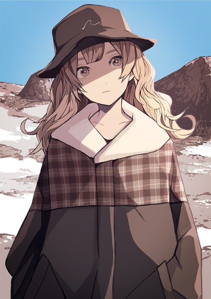 Anime picture 800x1131 with original nanakawa (nanasoon) single long hair tall image looking at viewer fringe blonde hair sky upper body blunt bangs shaded face mountain girl hat jacket
