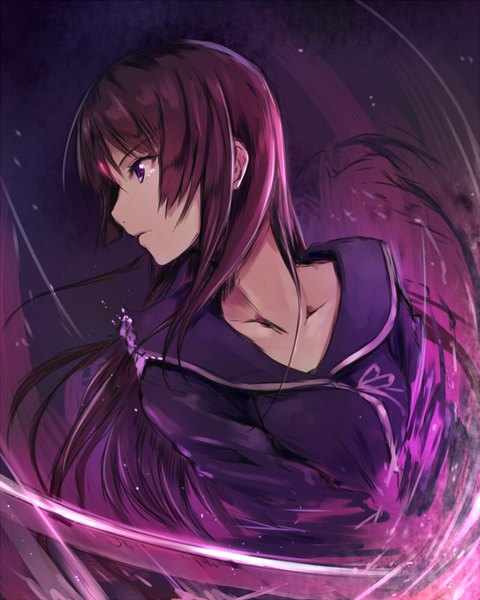 Anime picture 640x800 with ga-rei zero isayama yomi akkijin single long hair tall image fringe hair between eyes purple eyes holding looking away purple hair upper body profile tears floating hair girl uniform weapon sword