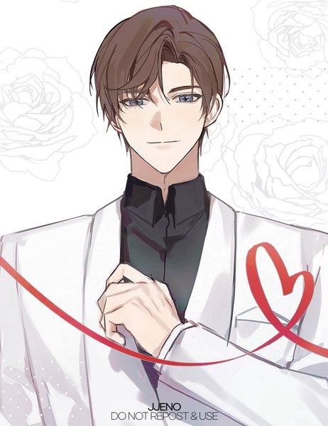 Anime picture 1000x1300 with tears of themis artem wing (tears of themis) jyan512 single tall image looking at viewer short hair blue eyes brown hair white background signed upper body floral background heart of string boy shirt heart black shirt