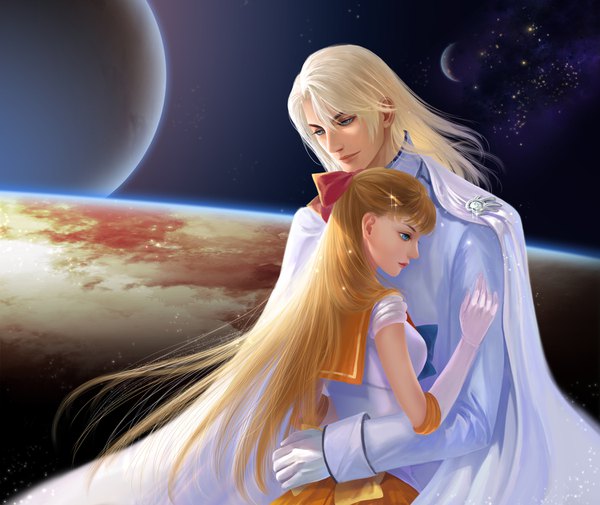 Anime picture 1500x1264 with bishoujo senshi sailor moon toei animation aino minako sailor venus kunzite (sailor moon) sanmeosore ryuuebi long hair fringe blue eyes blonde hair hair between eyes upper body head tilt light smile lips realistic sparkle couple hug lipstick