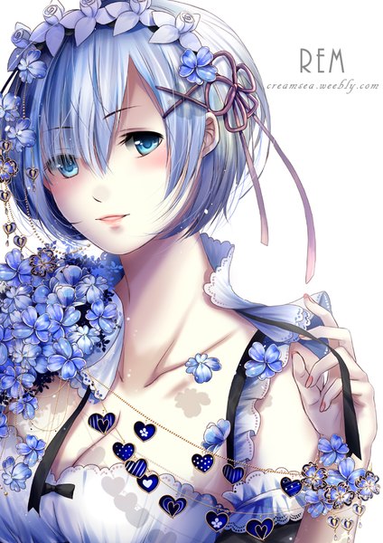 Anime picture 724x1024 with re:zero kara hajimeru isekai seikatsu white fox rem (re:zero) creamsea single tall image looking at viewer blush fringe short hair blue eyes blue hair girl dress flower (flowers) ribbon (ribbons) hair ribbon heart