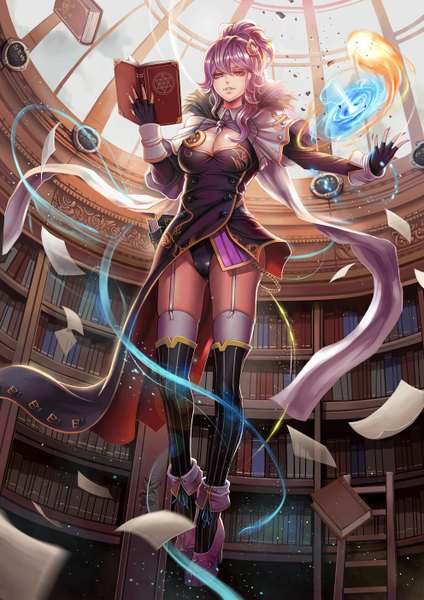 Anime picture 992x1404 with touhou patchouli knowledge dantewontdie single long hair tall image light erotic purple eyes cleavage purple hair indoors magic flying girl thighhighs dress gloves white thighhighs fingerless gloves book (books)