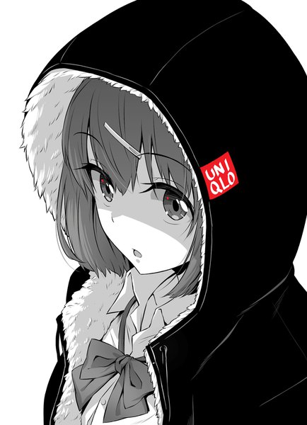 Anime picture 724x1000 with original uniqlo 40hara single tall image short hair open mouth simple background white background signed looking away upper body from above shadow fur trim monochrome shaded face spot color girl uniform