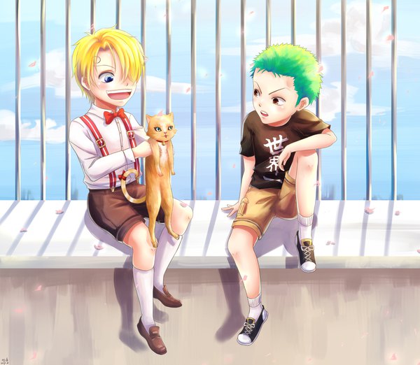 Anime picture 2007x1748 with one piece toei animation roronoa zoro sanji yan xiao qi blush fringe highres short hair open mouth blue eyes blonde hair smile sitting holding brown eyes signed looking away sky cloud (clouds)