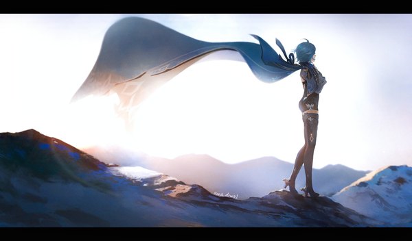 Anime picture 3050x1791 with genshin impact eula lawrence anna (drw01) single highres short hair wide image standing signed blue hair full body ahoge outdoors wind high heels light letterboxed snow mountain girl