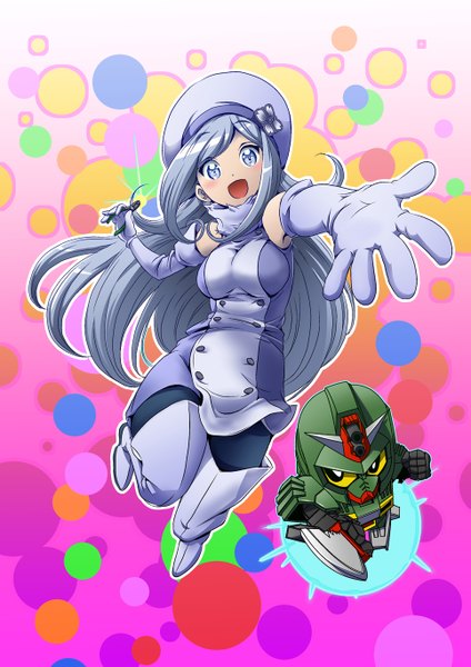 Anime picture 965x1364 with mobile suit gundam gundam build fighters sunrise (studio) aila jyrkiainen mana12 single long hair tall image looking at viewer blush breasts open mouth blue eyes smile gloves plant (plants) tree (trees) headdress
