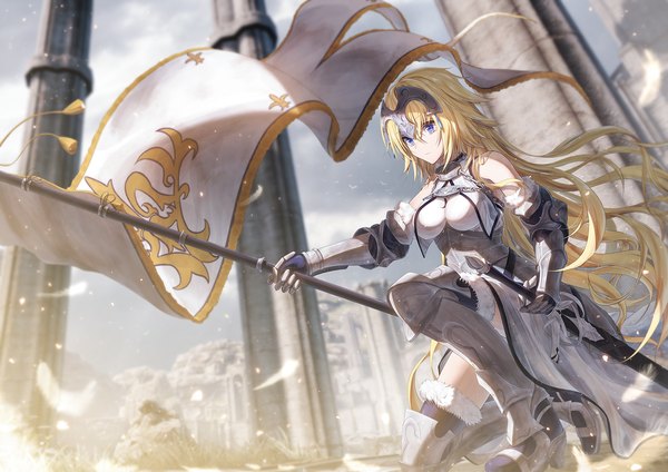Anime picture 1400x990 with fate (series) fate/grand order fate/apocrypha jeanne d'arc (fate) (all) jeanne d'arc (fate) bae.c single long hair looking at viewer fringe breasts blue eyes blonde hair hair between eyes bare shoulders holding sky cloud (clouds) full body outdoors