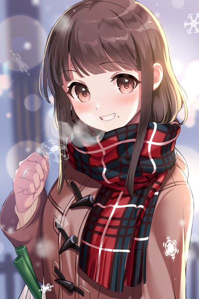 Anime picture 1000x1500 with original letta illust single long hair tall image looking at viewer blush fringe smile brown hair brown eyes upper body mole grin exhalation mole under mouth girl scarf ring coat