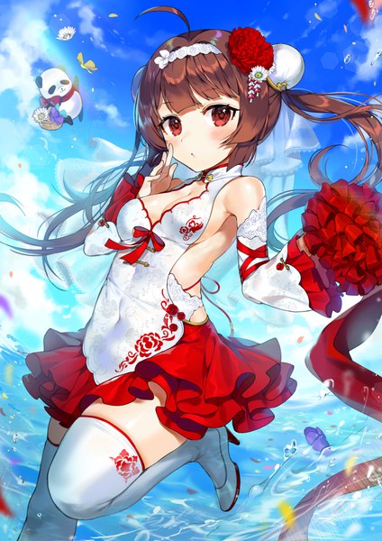 Anime picture 701x991 with azur lane ping hai (azur lane) gijang single long hair tall image looking at viewer blush fringe breasts red eyes twintails bare shoulders sky cleavage cloud (clouds) ahoge bent knee (knees) traditional clothes pleated skirt