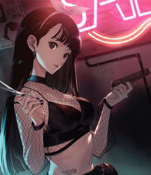 Anime picture 905x1050 with original ekao single long hair tall image looking at viewer fringe breasts light erotic black hair large breasts holding cleavage upper body blunt bangs nail polish head tilt fingernails lips black eyes