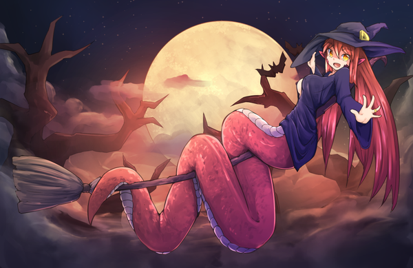 Anime picture 1028x668 with monster musume no iru nichijou miia (monster musume) nanostar single long hair looking at viewer fringe breasts open mouth light erotic smile hair between eyes large breasts yellow eyes cloud (clouds) full body red hair tail :d looking back