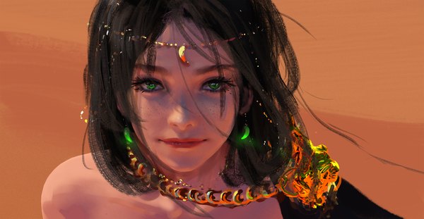 Anime picture 8050x4173 with ghost blade aeolian wlop single long hair looking at viewer highres black hair wide image green eyes absurdres upper body lips realistic face freckles girl earrings jewelry circlet