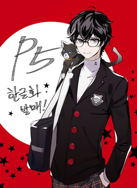 Anime picture 779x1071 with persona 5 persona amamiya ren morgana (persona 5) poti single tall image looking at viewer short hair black hair standing black eyes hands in pockets animal on shoulder korean boy uniform school uniform animal glasses