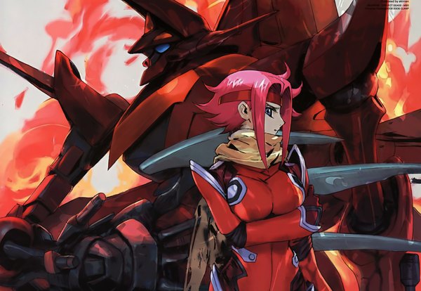 Anime picture 2000x1382 with code geass sunrise (studio) kallen stadtfeld highres short hair blue eyes looking away pink hair science fiction girl weapon scarf armor headband bodysuit flame claws robot mecha