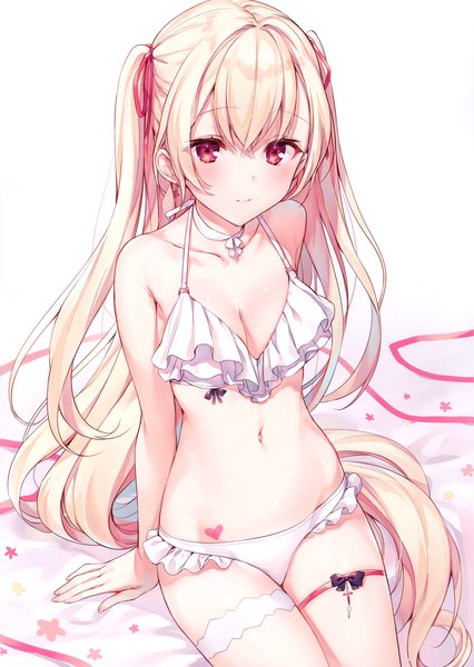 Anime picture 2431x3421 with original komeshiro kasu single tall image looking at viewer blush fringe highres breasts light erotic simple background blonde hair hair between eyes red eyes white background sitting bare shoulders payot very long hair scan