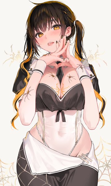 Anime picture 1794x3000 with original tokkihouse single long hair tall image looking at viewer fringe highres breasts light erotic black hair simple background large breasts standing white background twintails yellow eyes blunt bangs nail polish multicolored hair