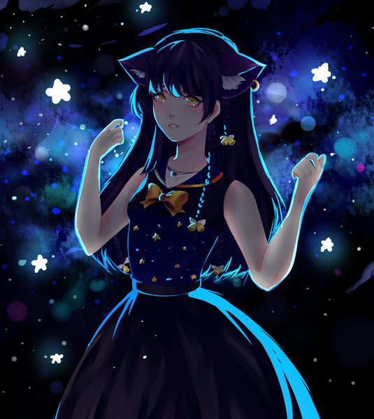 Anime picture 2500x2800 with original vaizerka single long hair tall image looking at viewer fringe highres black hair animal ears yellow eyes braid (braids) parted lips cat ears arms up sleeveless side braid space backlighting girl