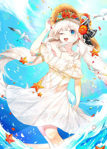 Anime picture 1958x2733 with fate (series) fate/grand order marie antoinette (fate/grand order) marie antoinette (swimsuit caster) (fate) lepoule tall image looking at viewer blush highres open mouth blue eyes blonde hair smile sky cloud (clouds) very long hair one eye closed hair flower wink adjusting hat