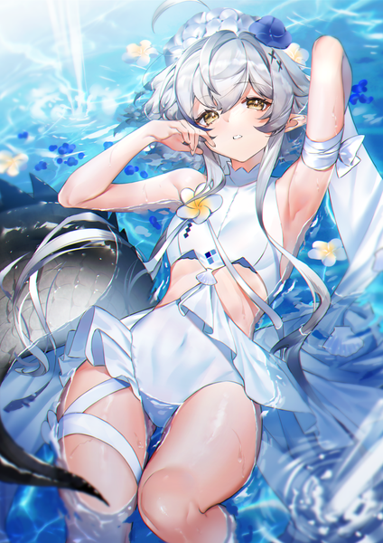 Anime picture 1013x1433 with arknights tomimi (arknights) tomimi (silent night) (arknights) ichibi single tall image fringe short hair hair between eyes yellow eyes payot silver hair ahoge tail animal tail pointy ears partially submerged official alternate costume covered navel afloat