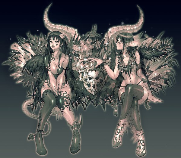 Anime picture 1500x1314 with original kilart (artist) long hair breasts light erotic black hair simple background sitting multiple girls hair flower horn (horns) pointy ears sparkle tattoo crossed legs demon girl demon tail face paint breast squeeze girl