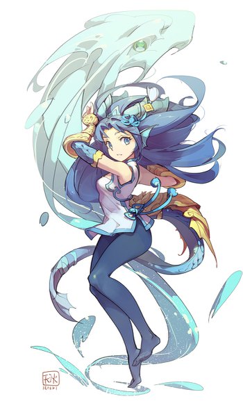 Anime picture 701x1200 with puzzle & dragons karin (p&d) tennohi single long hair tall image looking at viewer blue eyes standing white background signed animal ears blue hair full body bent knee (knees) tail traditional clothes parted lips no shoes floating hair