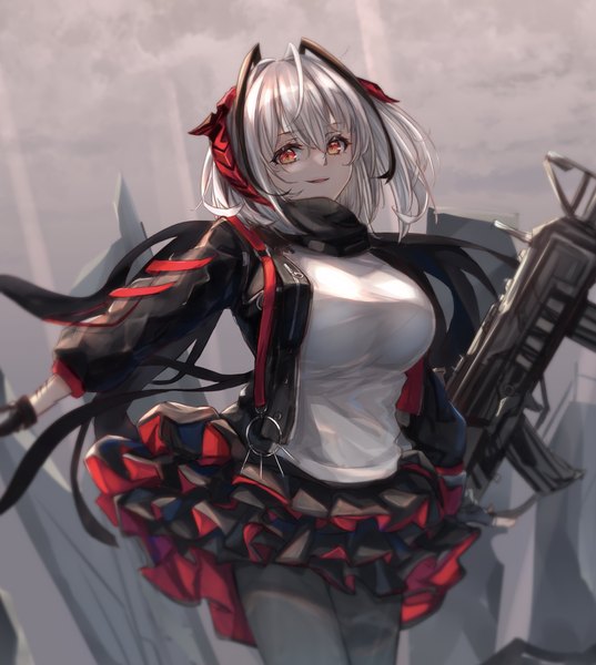 Anime picture 1903x2125 with arknights w (arknights) wata0933 single tall image looking at viewer fringe highres short hair breasts hair between eyes red eyes large breasts silver hair horn (horns) open jacket girl skirt weapon miniskirt