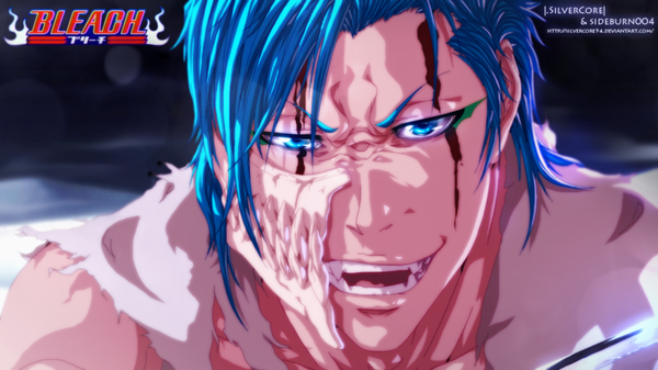 Аниме картинка 1124x633 с блич studio pierrot grimmjow jeagerjaques silvercore94 один (одна) короткие волосы открытый рот голубые глаза улыбка широкое изображение синие волосы надпись рваная одежда coloring крупный план лицо espada мужчина кровь маска