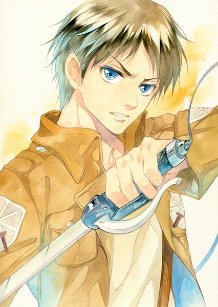 Anime picture 710x1000 with shingeki no kyojin production i.g eren yaeger agahari single tall image looking at viewer short hair blue eyes brown hair clenched teeth traditional media watercolor (medium) boy weapon sword jacket