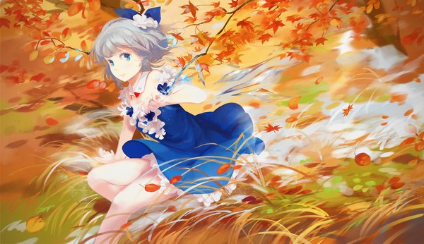 Anime picture 2078x1200 with touhou cirno jq single looking at viewer fringe highres short hair blue eyes smile wide image bent knee (knees) wind grey hair short sleeves autumn girl dress bow plant (plants)