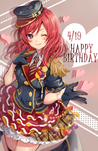 Anime picture 780x1200 with love live! school idol project sunrise (studio) love live! nishikino maki madogawa single tall image looking at viewer blush short hair breasts smile purple eyes red hair one eye closed wink short sleeves puffy sleeves happy happy birthday