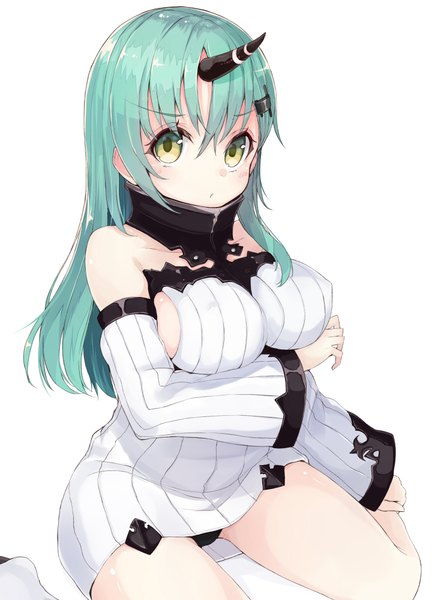 Anime picture 1440x2000 with kantai collection suzuya heavy cruiser kou mashiro single long hair tall image looking at viewer blush breasts light erotic simple background large breasts white background sitting yellow eyes horn (horns) green hair wariza cosplay girl