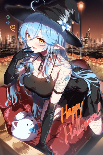 Anime picture 2713x4055 with virtual youtuber hololive yukihana lamy eshineko single long hair tall image blush fringe highres open mouth hair between eyes yellow eyes blue hair ahoge :d pointy ears arm support city cityscape