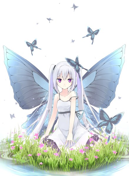 Anime picture 1168x1598 with original makadamia single long hair tall image looking at viewer white background purple eyes twintails silver hair very long hair light smile off shoulder sleeveless kneeling strap slip insect wings butterfly wings girl dress
