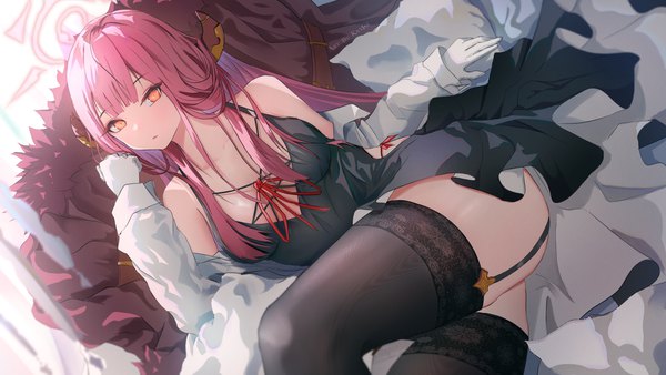 Anime picture 3840x2160 with blue archive aru (blue archive) kayjae single looking at viewer fringe highres light erotic wide image bare shoulders signed pink hair absurdres cleavage lying blunt bangs very long hair parted lips horn (horns) off shoulder
