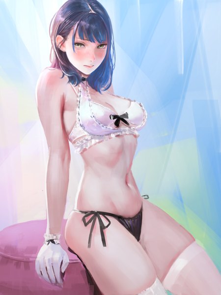 Anime picture 1440x1920 with original arata yokoyama single long hair tall image looking at viewer blush fringe breasts light erotic sitting bare shoulders green eyes blue hair blunt bangs lips realistic bare belly underwear only girl
