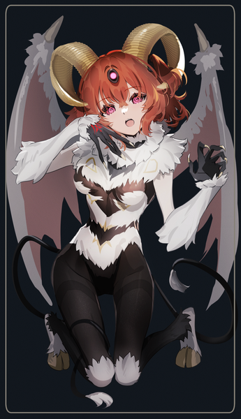 Anime picture 1007x1751 with fate (series) fate/grand order fujimaru ritsuka (female) dark young (fate) galibo single tall image looking at viewer short hair open mouth simple background full body tail pink eyes horn (horns) orange hair kneeling black background halloween framed