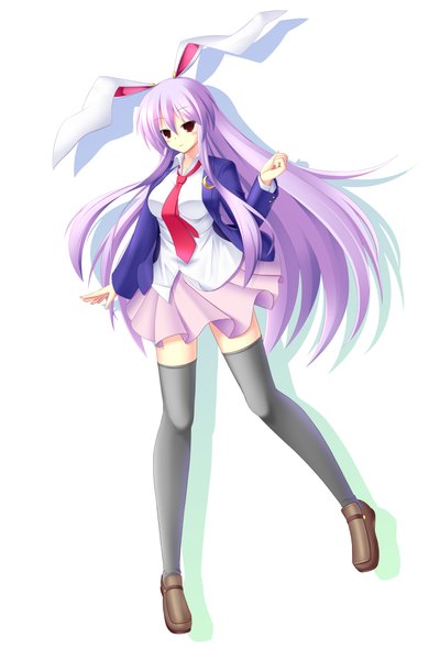 Anime picture 1500x2250 with touhou reisen udongein inaba hyonsan2 single long hair tall image simple background red eyes white background purple hair bunny ears bunny girl girl thighhighs skirt black thighhighs miniskirt necktie