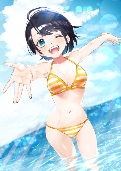 Anime picture 724x1023 with virtual youtuber hololive oozora subaru oozora subaru (3rd costume) nokachoco114 single tall image looking at viewer blush fringe breasts open mouth blue eyes light erotic black hair smile standing bare shoulders sky cloud (clouds)