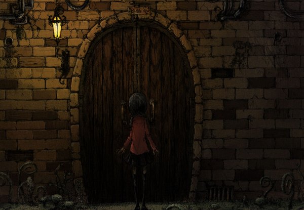 Anime picture 1227x850 with original toi (number8) single long hair black hair twintails from behind brick wall girl thighhighs skirt black thighhighs lantern door