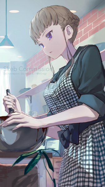 Anime picture 563x1000 with euphoria (clockup) manaka nemu baicha oqqa single tall image fringe short hair breasts brown hair standing purple eyes holding signed payot indoors blunt bangs braid (braids) inscription twitter username looking down