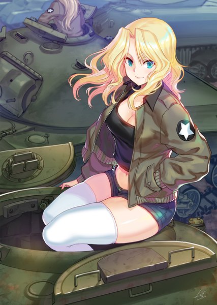 Anime picture 700x984 with girls und panzer kay (girls und panzer) kws long hair tall image looking at viewer breasts blue eyes blonde hair smile sitting multiple girls signed cleavage outdoors long sleeves wind open clothes open jacket midriff