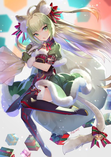 Anime picture 848x1200 with fate (series) fate/grand order atalanta (fate) miyuki ruria single long hair tall image looking at viewer fringe open mouth holding green eyes signed animal ears full body ahoge tail animal tail wind :o