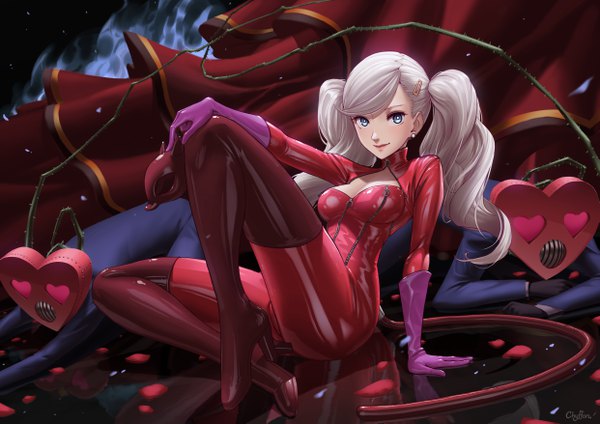 Anime picture 4961x3508 with persona 5 persona takamaki anne chyffon long hair looking at viewer blush fringe highres blue eyes light erotic sitting twintails holding signed absurdres cleavage silver hair full body bent knee (knees)