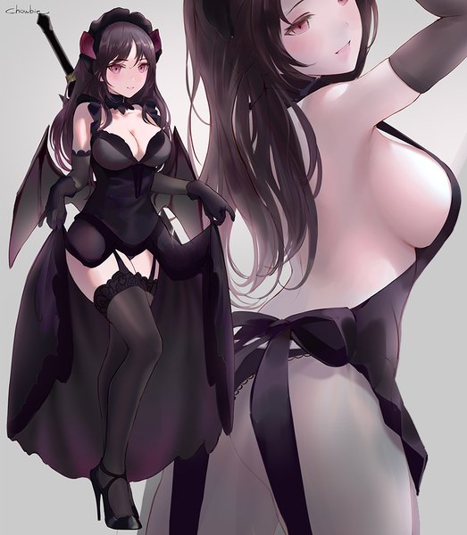 Anime picture 893x1024 with original chowbie long hair tall image looking at viewer blush breasts light erotic black hair simple background holding signed cleavage pink eyes horn (horns) grey background sideboob multiview bat wings girl