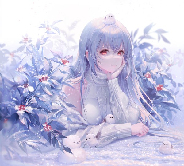 Anime picture 5000x4500 with original chomong single long hair looking at viewer fringe highres breasts smile hair between eyes red eyes absurdres silver hair lying off shoulder snowing winter snow on stomach chin rest